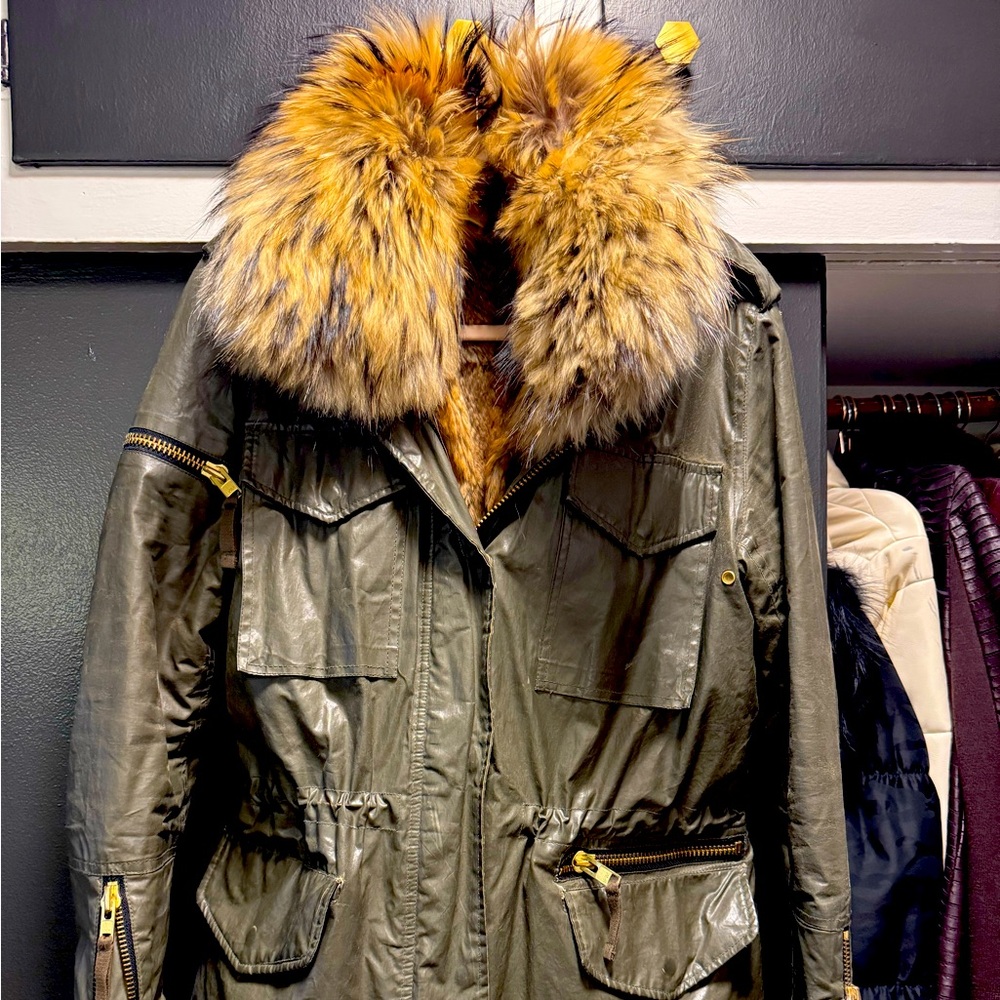 SAM. NYC fox and rabbit fur lined coat hooded parka with removable Vest M